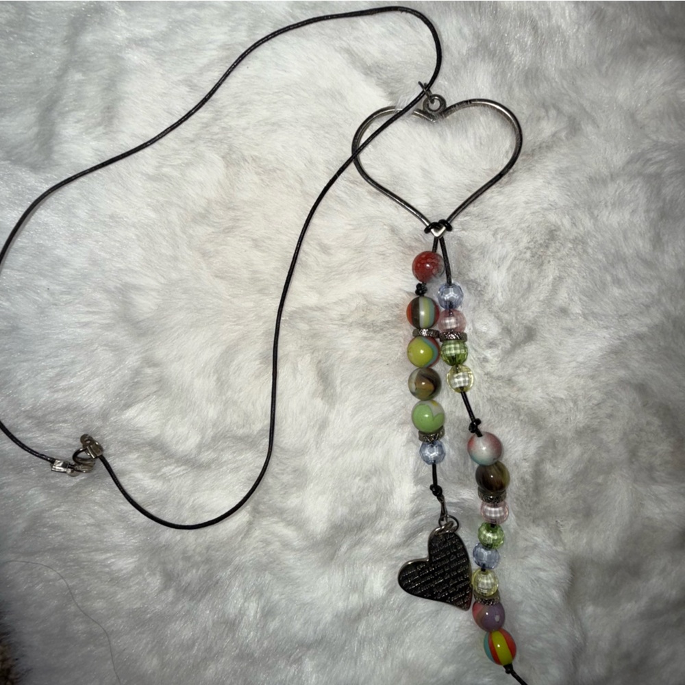 Silver Heart Pendant Necklace with Multicolor Beads